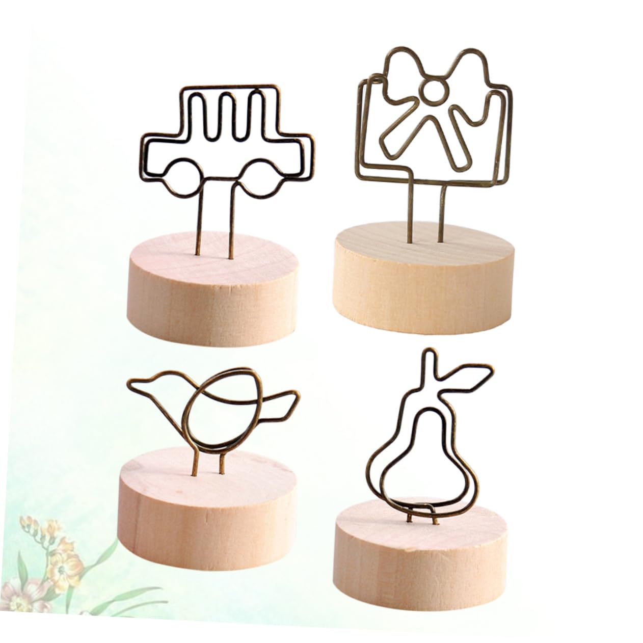 DOITOOL 4Pcs Wooden Decorative Message Holders for Desk Cute Note Clips for Home Office for Cards Memos Photos Car Bird Pear Bow Design