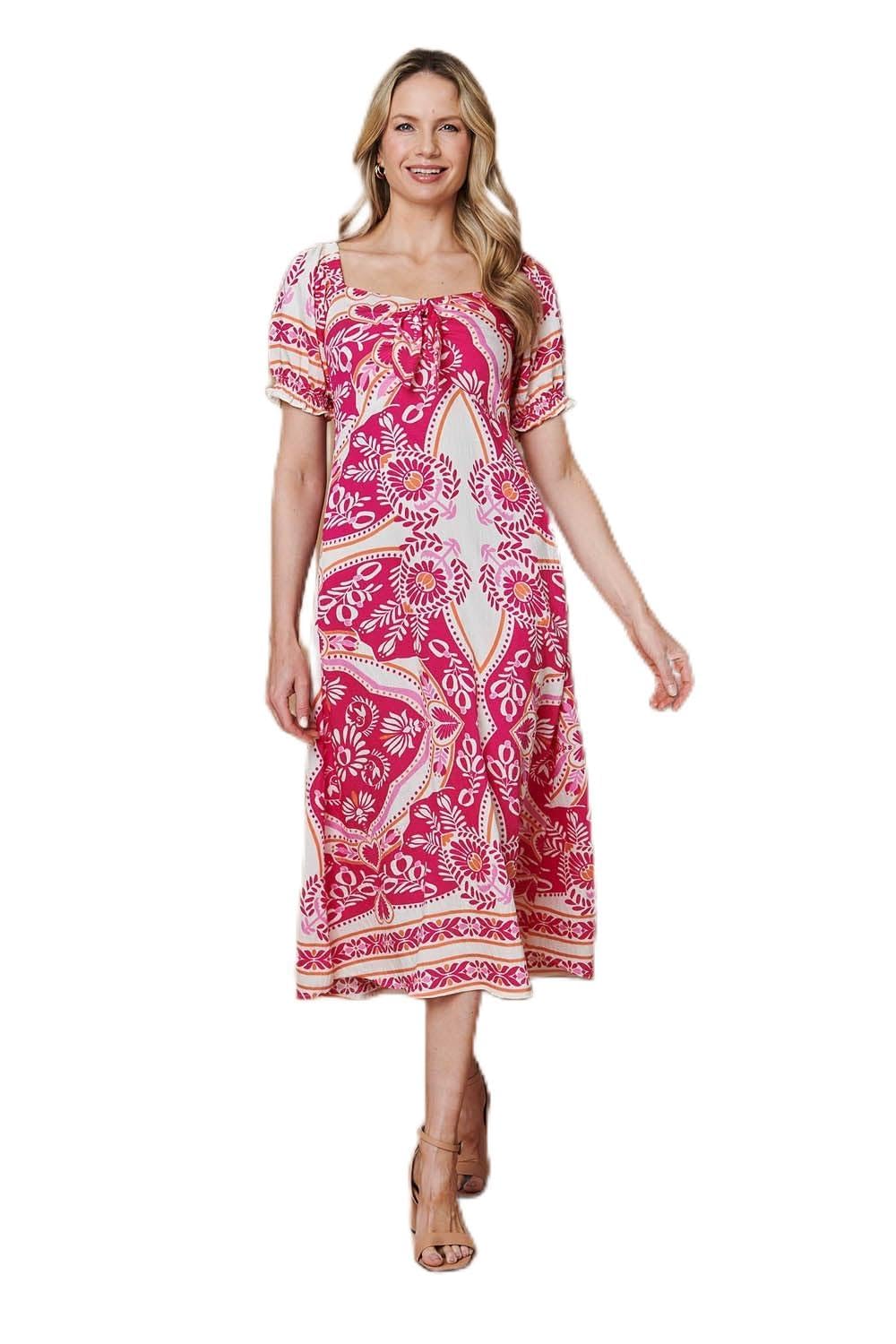 Izabel London Printed A-Line Puff Sleeve Midi Dress for Women UK with a Sweetheart Neck and a tie Front Detail. Pink