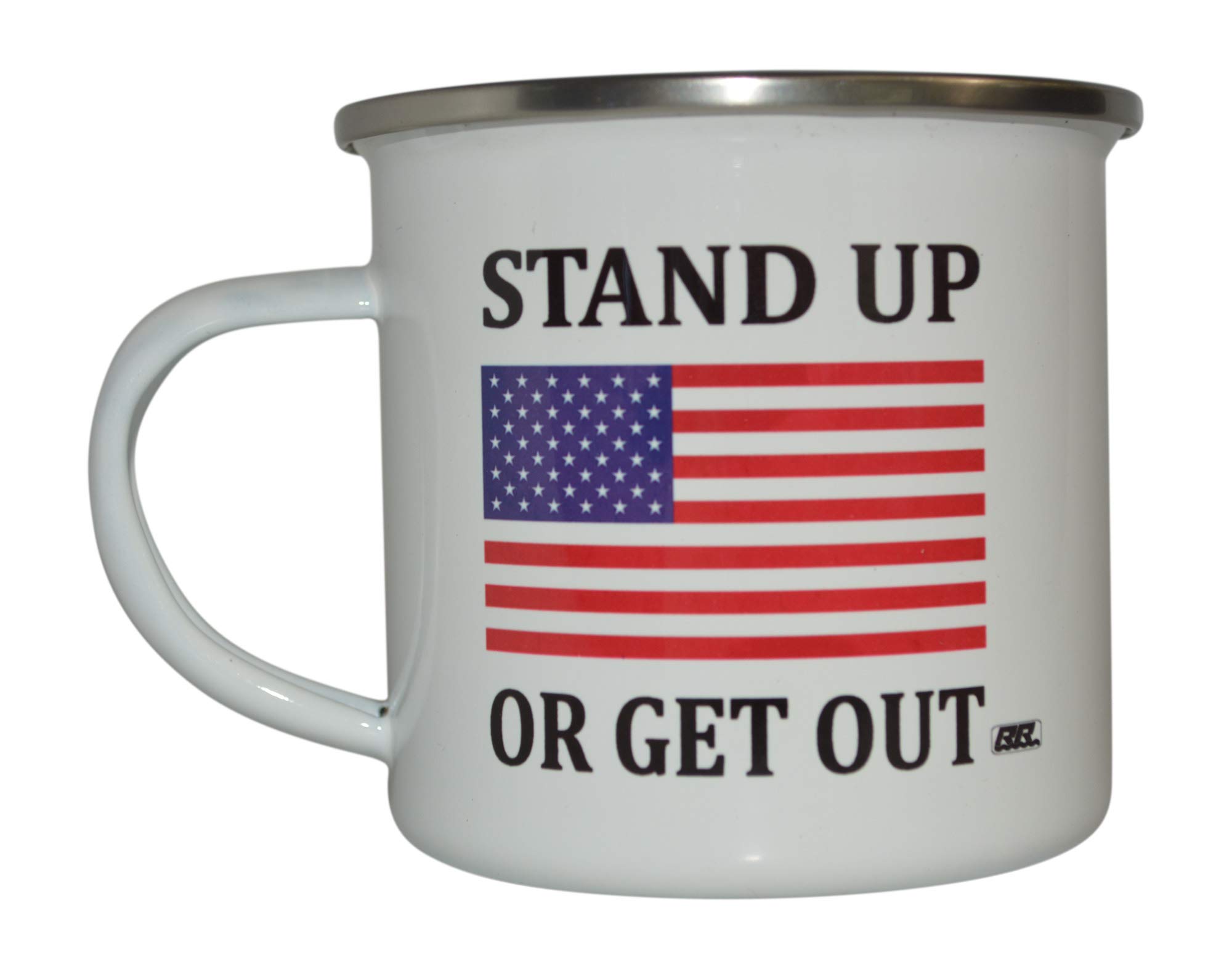 Rogue River Tactical Stand Up or Get Out Camp Mug Enamel Camping Coffee Cup Gift For Military Veteran or Patriotic American