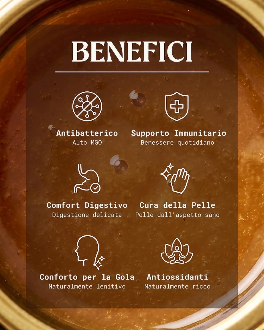 NaturalePiù Miele di Manuka 500+ MGO 500g. Dalla Nuova Zelanda. Certificato in Laboratorio. Miele Balsamico Puro. Mono Floreale, Ideale per la Cura delle Ferite. Tè, Cereali e Prodotti da Forno.