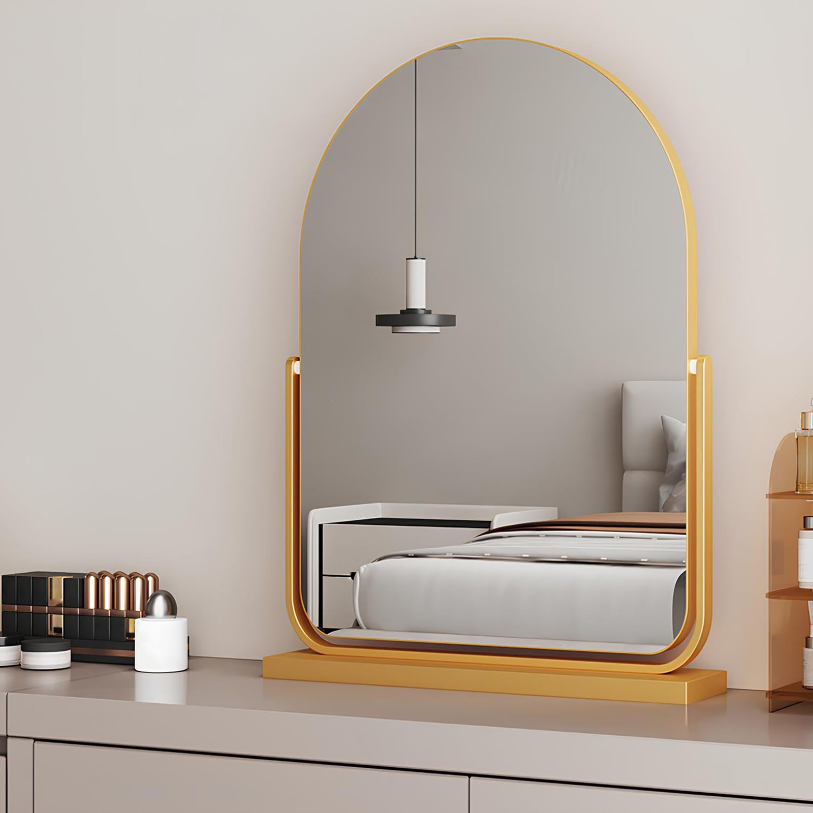 VQWQV Arched Makeup Mirror With 350° Vertical Rotation, HD Vanity Mirrors With Metal Frame ＆ Base, Tabletop Cosmetic Mirror For Bedroom, Bathroom, Dressing Table(Gold,30 * 40cm(11.8 * 15.7in))