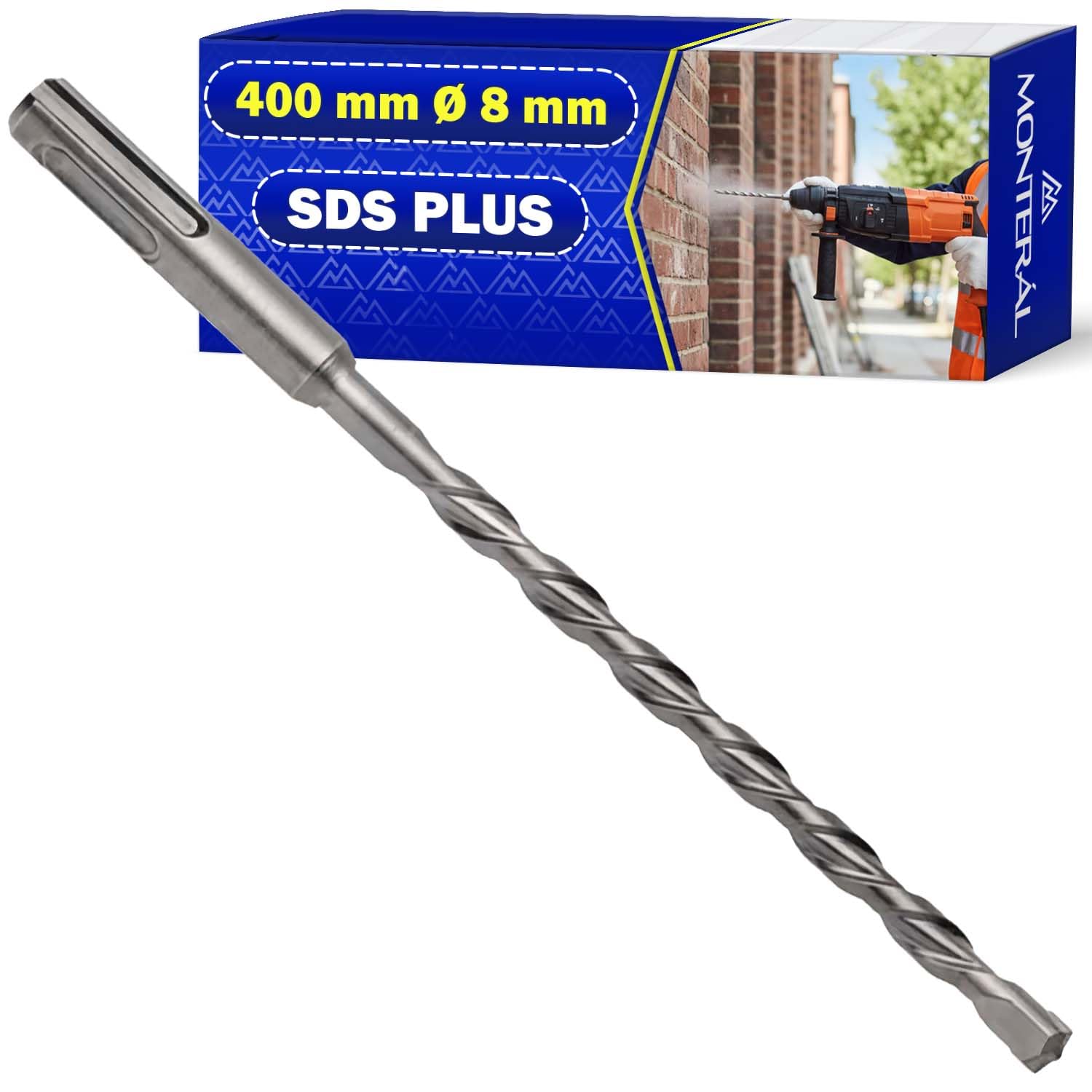Broca Hormigon SDS Plus Ø 8 mm x 400 mm Fabricada en Acero y Carburo de Tungsteno - Broca para Hormigon se Puede Usar para Ladrillo Paredes Piedra Hormigón Armado - Garantía de 10 Años - MONTERAL