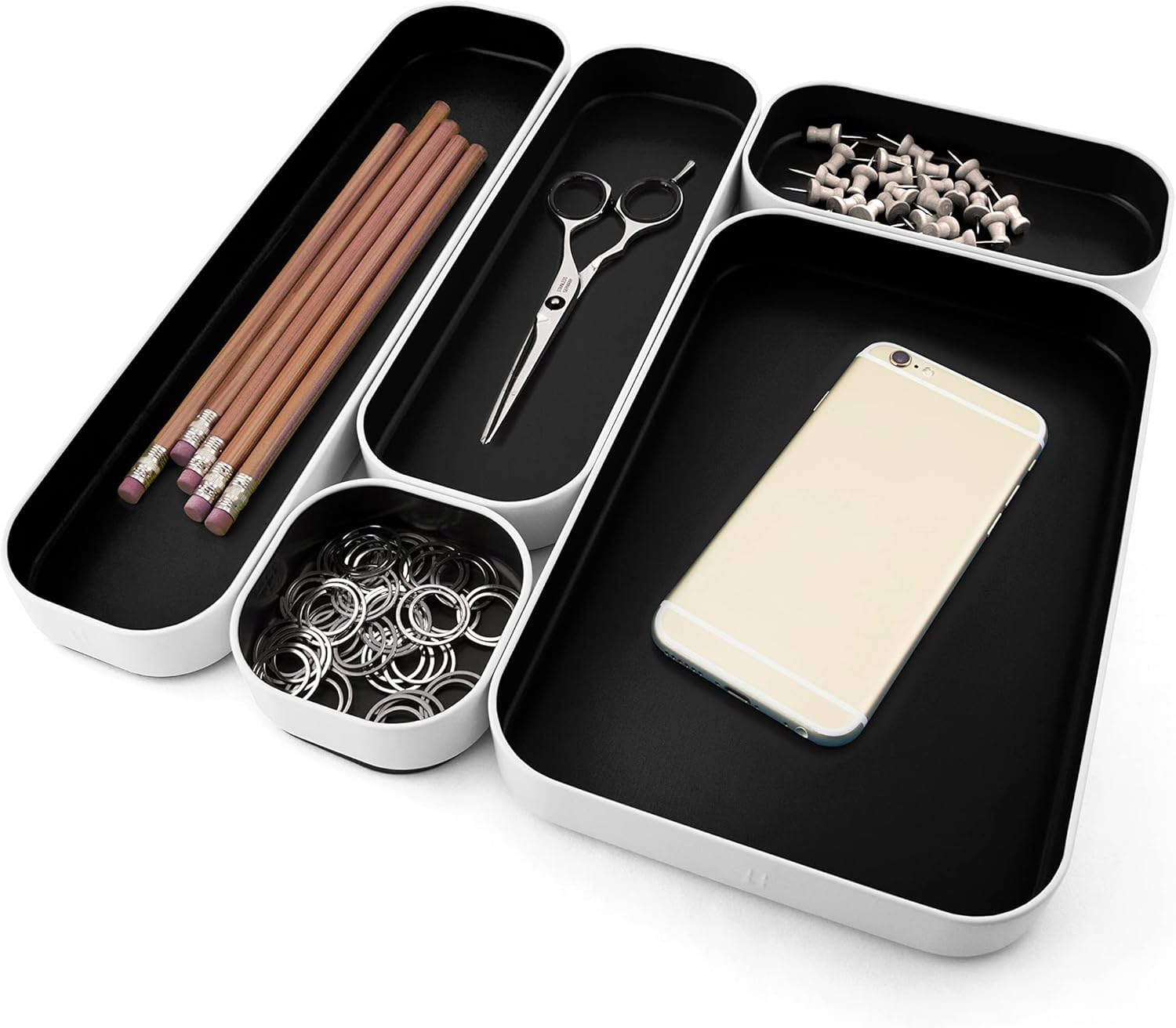 Three by Three Seattle 5-teiliges Organizer-Tablettttt-Set aus Metall zur Aufbewahrung von Make-up, Schreibwaren, Utensilien und mehr in Büroschreibtischen, Küchen- und Badezimmer-Schubladen (2,5 cm,