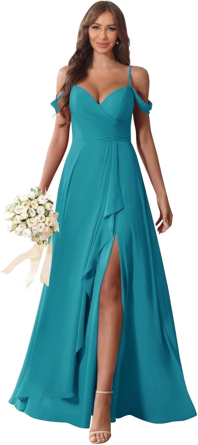 Smileven Chiffon Off The Shoulder Bridesmaid Dresses Ruffle A Line Wedding Guest Gown with Slit