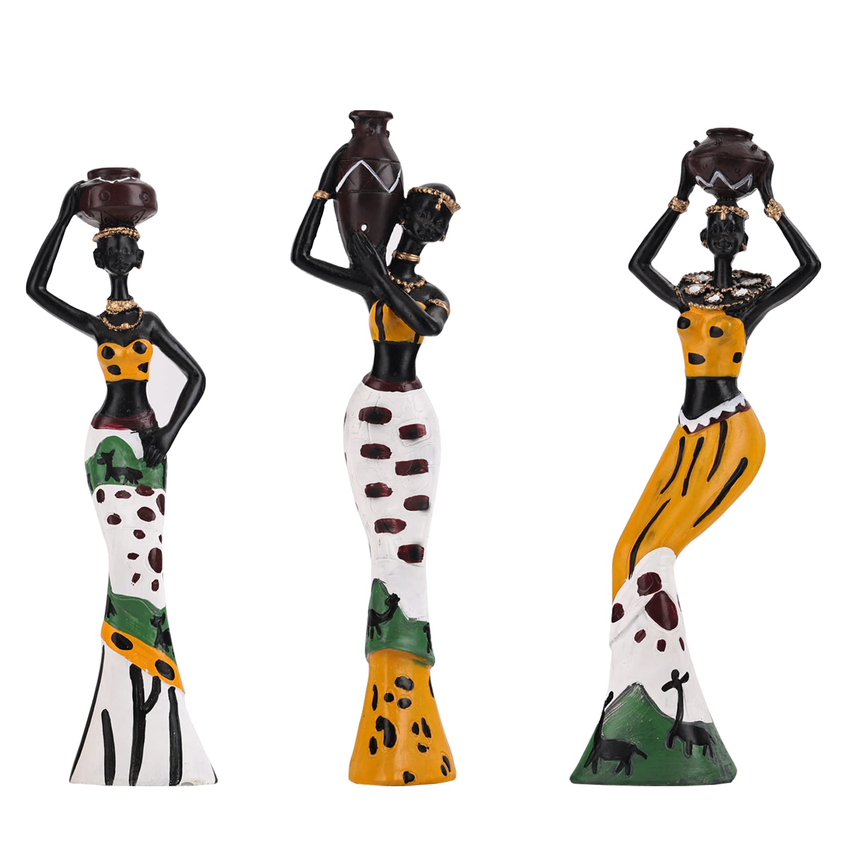 Beautiful Tribal Lady Vintage African Resin Bud Statues 3PCS Set Hand Sculptures African American Figurines.Exotic African Art Pieces for Home,Study,Living Room Decor (Yellow)