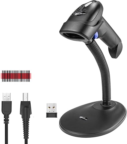 NetumScan Escáner de código de barras inalámbrico con soporte, lector de código de barras 1D inalámbrico automático USB 2 en 1 Escáner de código de