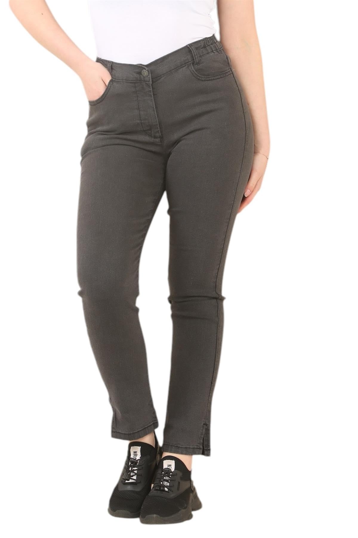 MYT Womens Side Elastic Waist Jeans Ladies Straight Leg Regular Fit Denim Pants Waist Size Charcoal Grey 24 Short