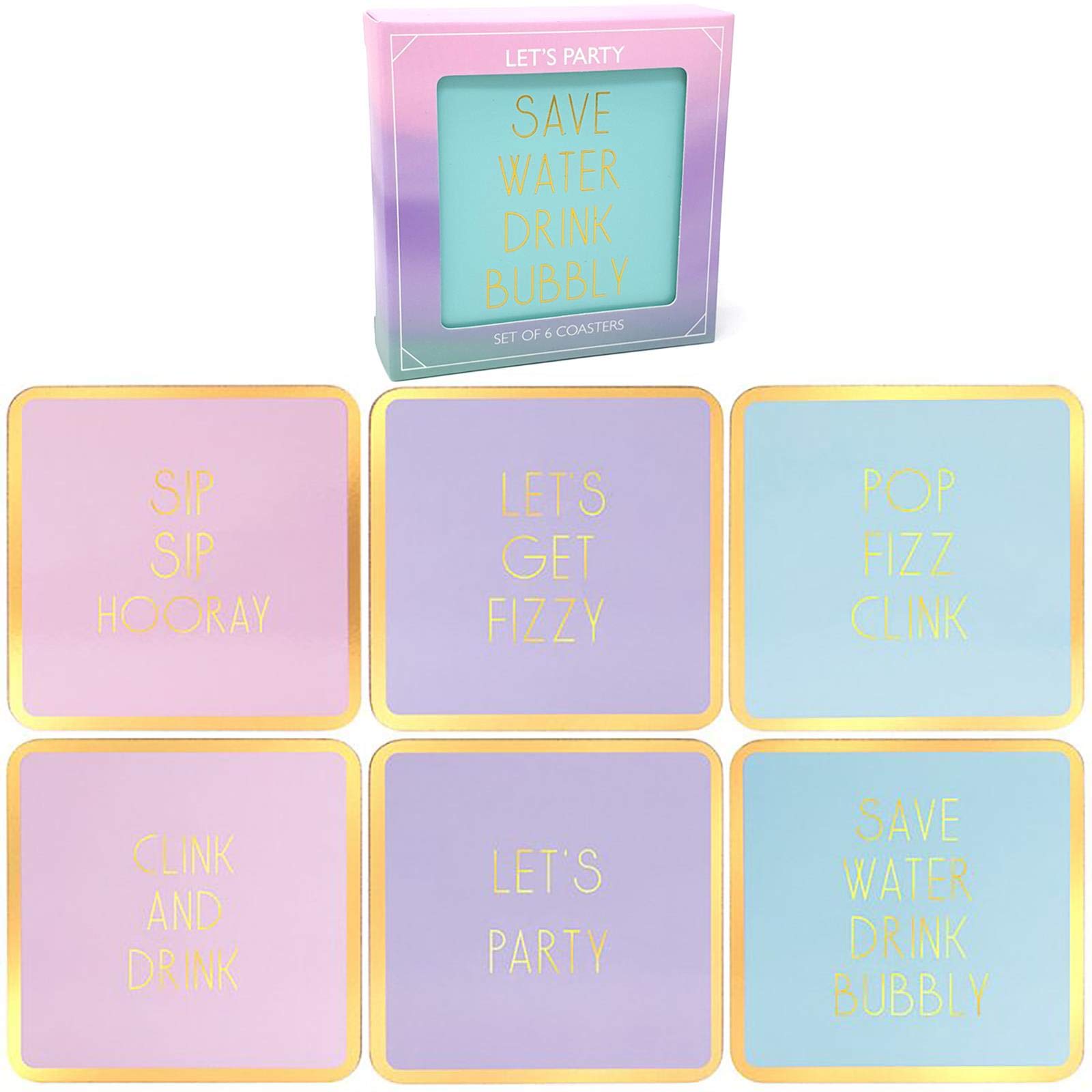 Let's Party Fizz Coasters Set Of 6 Prosecco Cork Drinks Mats Novelty Womens Gift