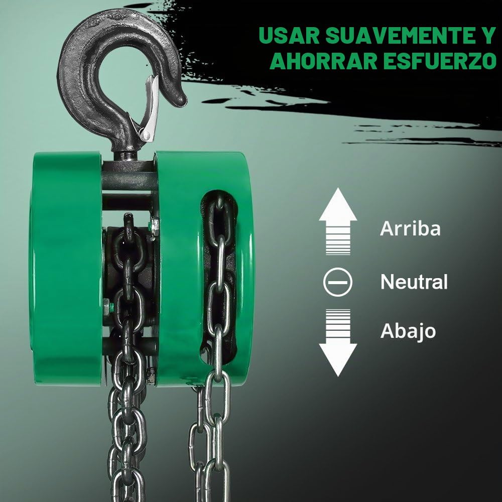 Polipasto de Cadena Manual con Gancho Resistente STANEW, Altura de Elevación 6,0 m, Verde,Doble Cadena de Carga,G80,Gancho de Elevación con Seguridad (1 tonelada 6,0 m)