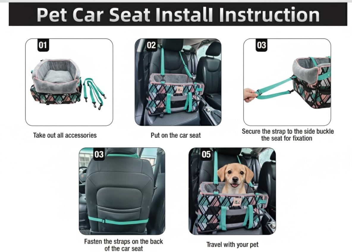 Dog Car Booster Seat for Small Dogs – Secure Pet Travel Carrier with Safety Belt & Storage Pockets –Portable Center Console Dog Car Seat
