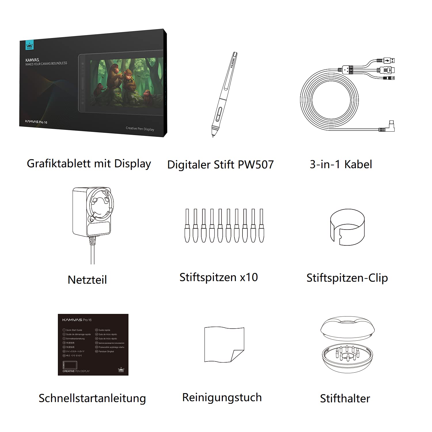 HUION Kamvas Pro 16 Grafiktablett mit Display, 15,6 Zoll Zeichentablett mit Tilt-Funktion, 6 Drucktasten,1 Touch-Leiste, Blendfreies geätztes Glas,Konnektivität mit Windows & Mac, Ideal zum Malen