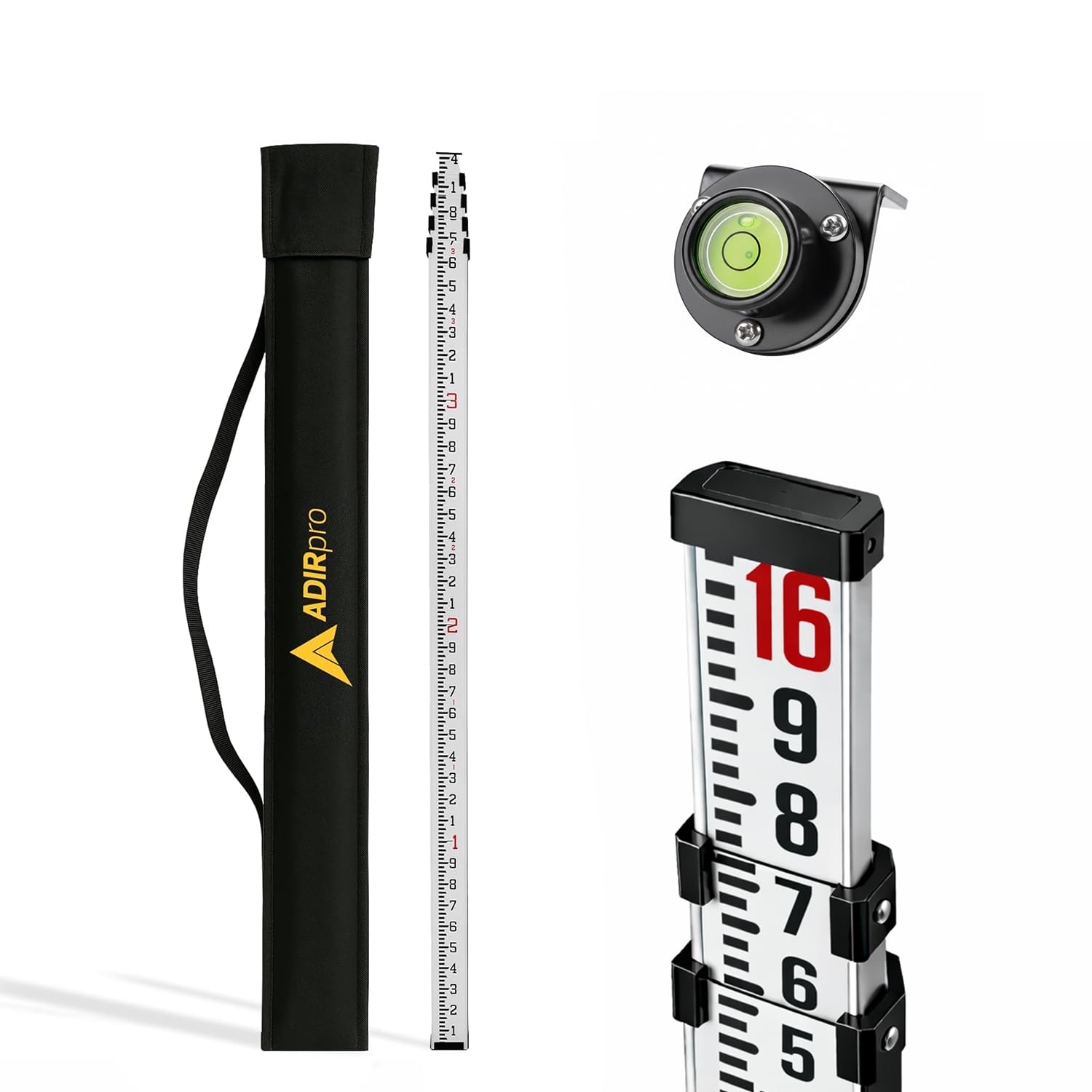 AdirPro 16-Foot Aluminum Grade Rod - 10ths, Dual Sided 5-Section Telescopic Leveling Rod – Bubble Level and Soft Carrying Case Included