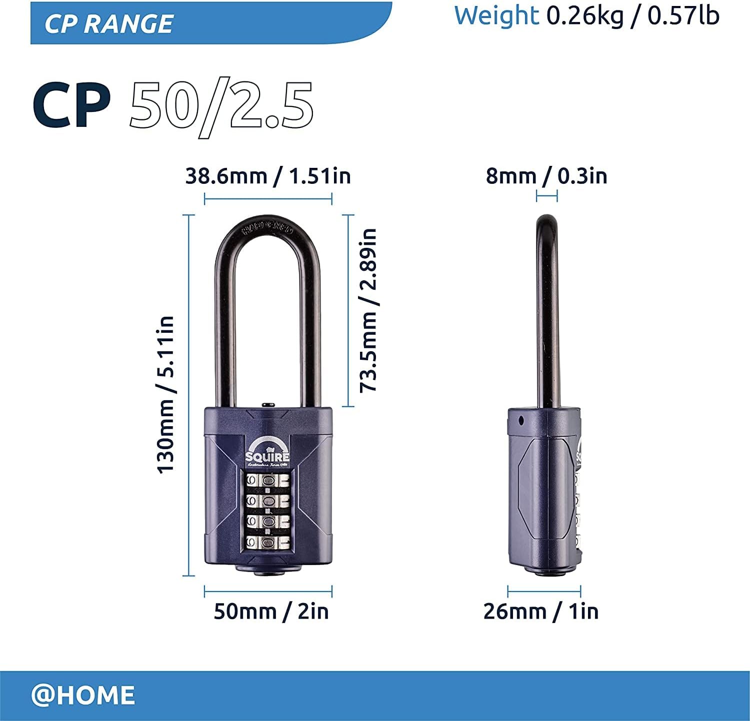 Squire Heavy Duty Padlock (CP50/2.5) - Toughest Extra Long Shackle - 4 Wheel Combination Padlock - Alloy Steel for Corrosion Resistance - Weatherproof Lock for Home, School & Shed (Blue, 50 mm)