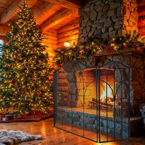 Image of Hogardeck 3 Panel Fireplace Screen, 48 inch x 30 inch Fireplace Cover for Living Room, Decorative Wrought Iron Fire Place Gate for Brick Fireplace, Baby Proof, Pet Safety