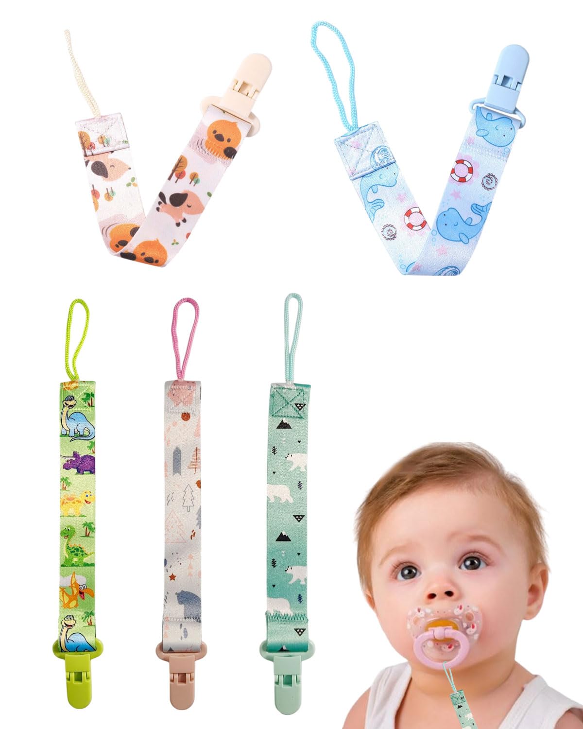 ZEXIJOW Attache Sucette Bébé,Lot de 5 attaches-tétines avec sangles en coton,Pacifier Clip Chain,Garde la Tétine Propre,Douce et Flexible,Durable–Haute Ténacité Pour Bébés Garçons et Filles - 1