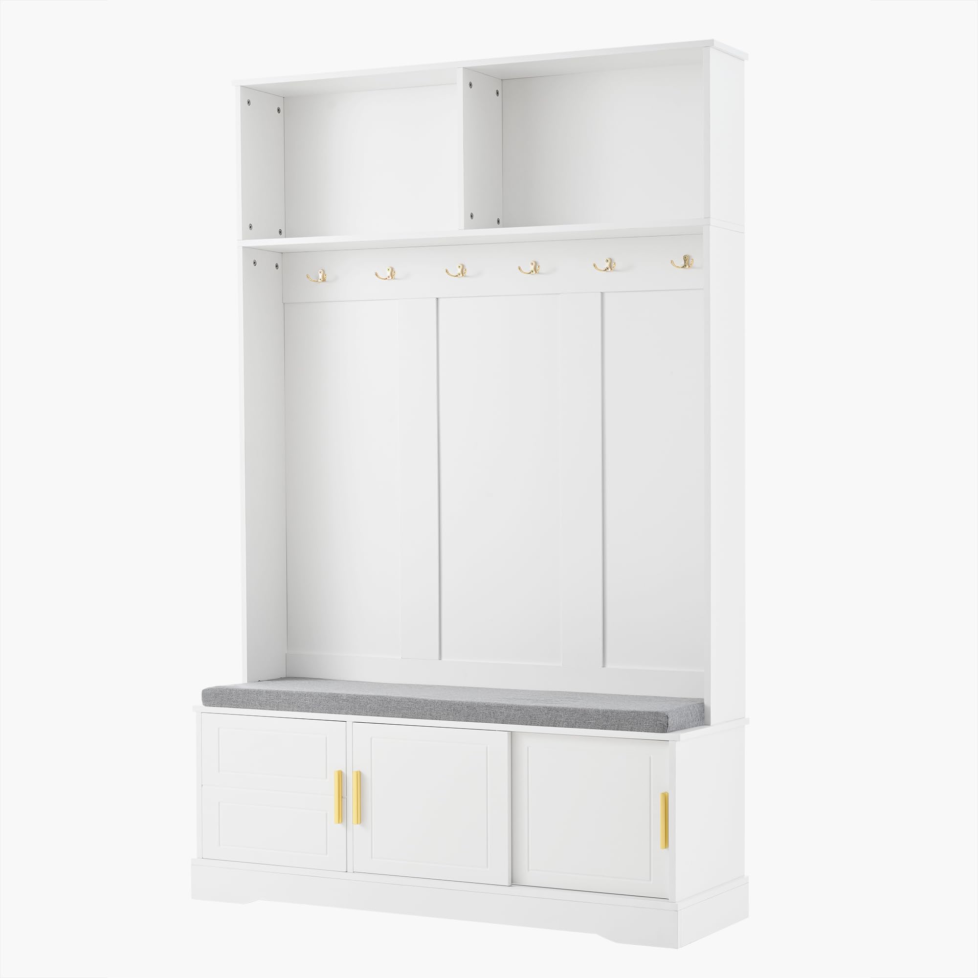 Conjunto de Recibidor de Entrada con 6 Ganchos, Perchero de Pared con Banco Zapatero para Zapatos, Juego de Mueble Recibidor con Espacio de Almacenamiento y Puertas, 191x120x40 cm (Blanco)