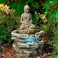Sitting Buddha Rustic Zen Outdoor Floor Water Fountain 21" High with LED Light Meditation Decor for Garden Patio Backyard Deck Home Lawn Porch House Relaxation Exterior Balcony - John Timberland