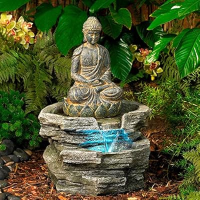 Sitting Buddha Rustic Zen Outdoor Floor Water Fountain 21" High with LED Light Meditation Decor for Garden Patio Backyard Deck Home Lawn Porch House Relaxation Exterior Balcony - John Timberland