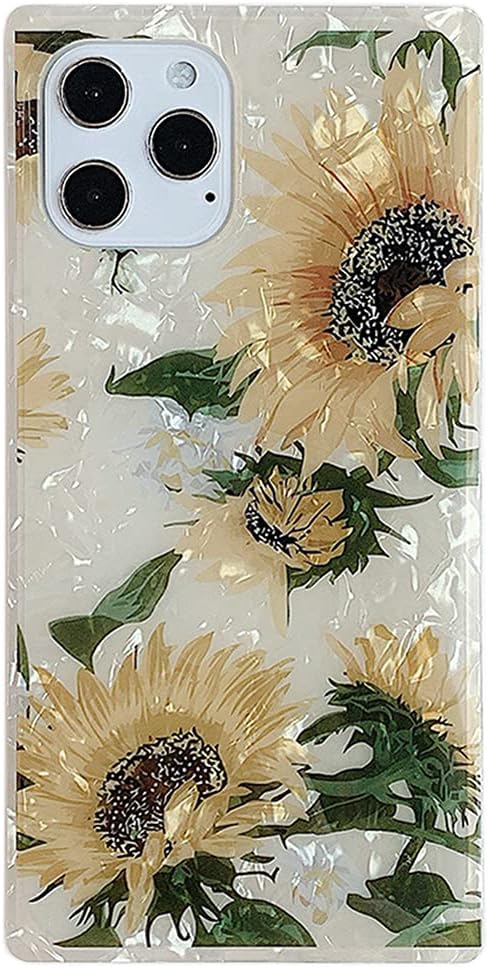 Qokey Compatible with iPhone 12 Pro Max Case 6.7 inch 2020 Square Case Sparkle Cute Flower Case Soft Silicone Crystal Shockproof Cover for Women Girls Bumper Shell Pattern Sunflower