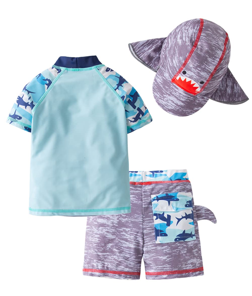 Styles I Love Kid Boys Shark Printed Short Sleeve Rash Guard Set and Sun Hat 3pcs Multicolored Swimsuit Beach Bathing Suit (18 Months)