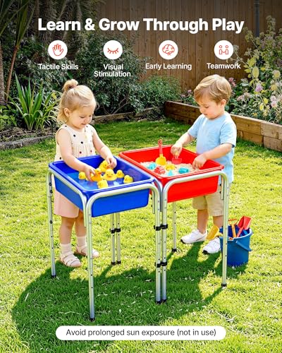 Image of VEVOR Sensory Table for Toddlers, Kids 2-Station Sand and Water Adjustable Play Table with Detachable Storage Bins and Non-Slip Feet, Carbon Steel Frame, Rounded Corners, for Boys and Girls Exploring