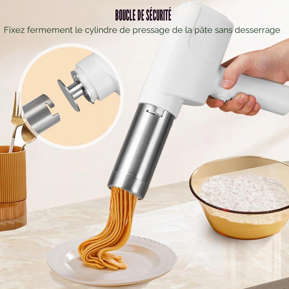 Machine à pâtes électrique portable manuelle, presse électrique portable de 2000 mAh, machine à pâtes automatique rechargeable avec 5 moules de presse pour nouilles faites maison/spaghetti/macaronis