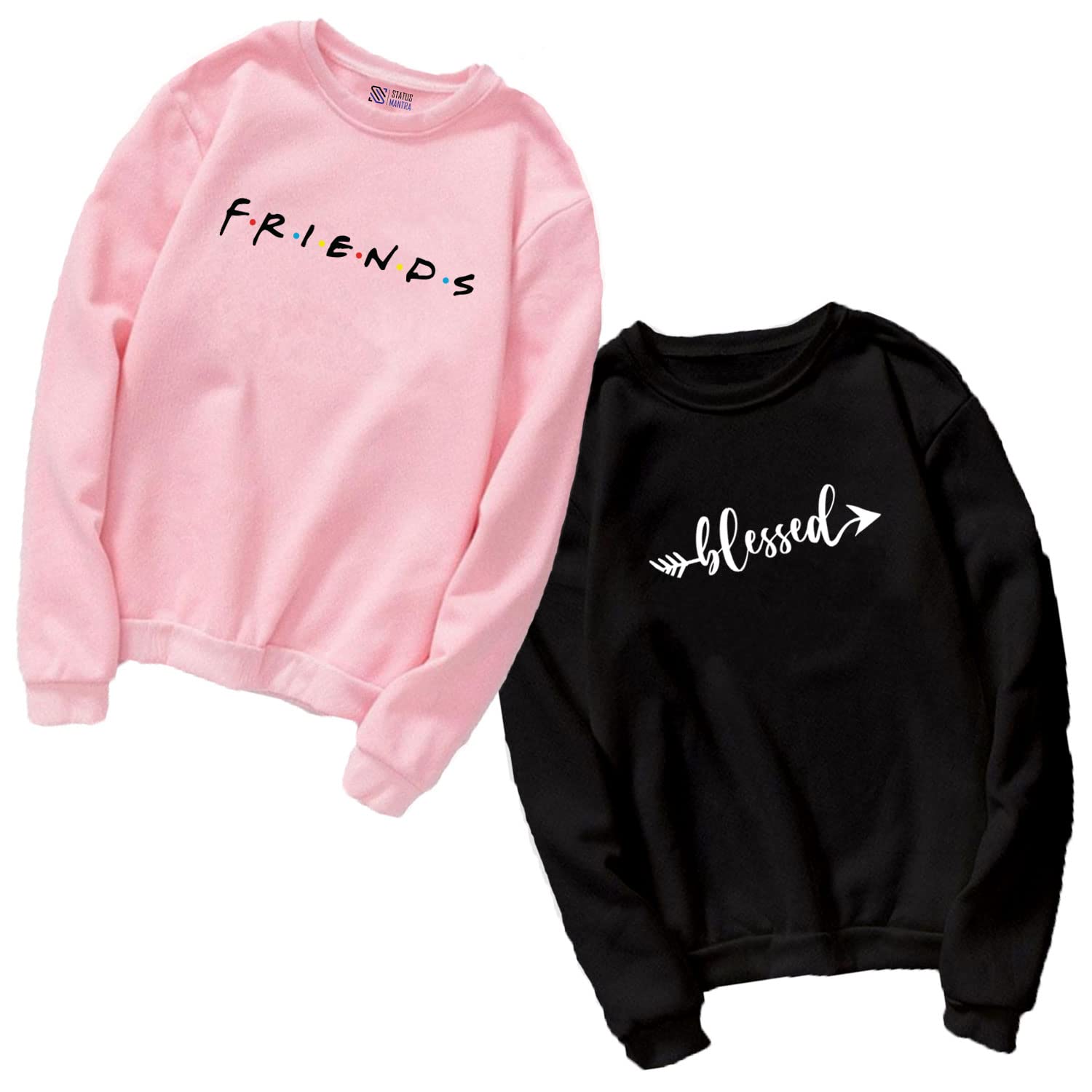 status apparels Women's Cotton Round Neck Regular Fit Sweatshirt (W-Friend/Bless-Ss_Pink / Black-picture-10