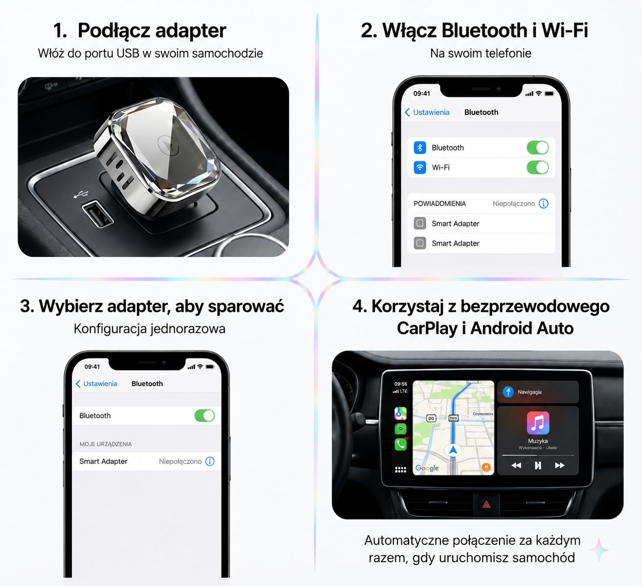 Bezprzewodowy Adapter CarPlay i Android Auto 2 w 1, Plug & Play USB-A/USB-C, 5.8GHz WiFi, OTA, kompaktowy metalowy adapter do samochodów z przewodowym CarPlay/Android Auto