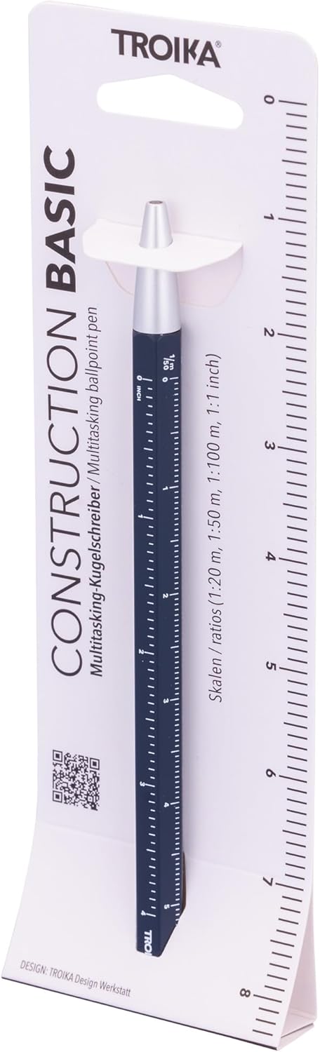 Troika Multitasking Ballpoint Pen with Black D1 Refill - Construction Basic - Centimeter/Inch Ruler, 1:20/1:50 Scale (Blue)