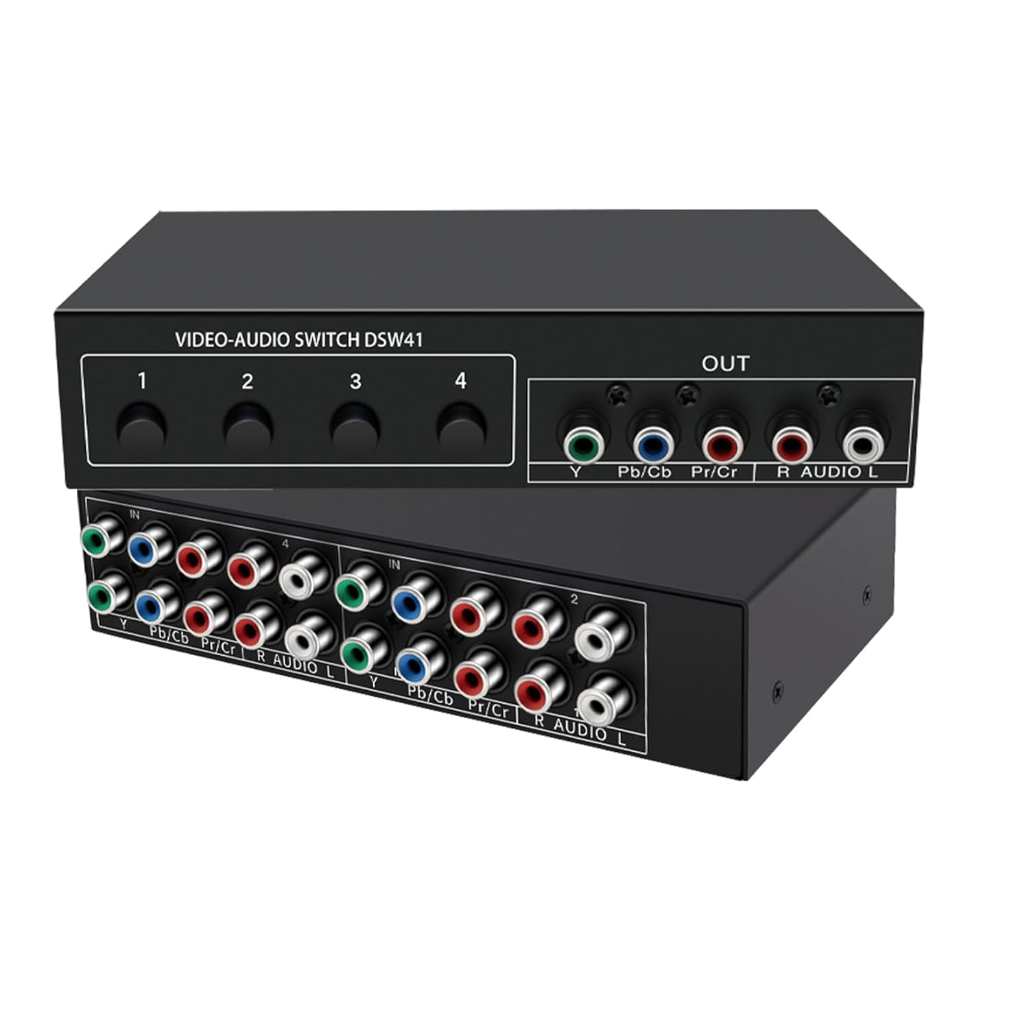 Component AV Video Switch Box 4 in 1 Out 1080P, 4-Way 5 RCA YPbPr Composite L/R Audio AV Splitter RGB Selector Switcher Converter for Xbox 360 Wii PS3 PS2 PS1 SNES DVD/VCD/STB/TV/HDTV, Plug & Play