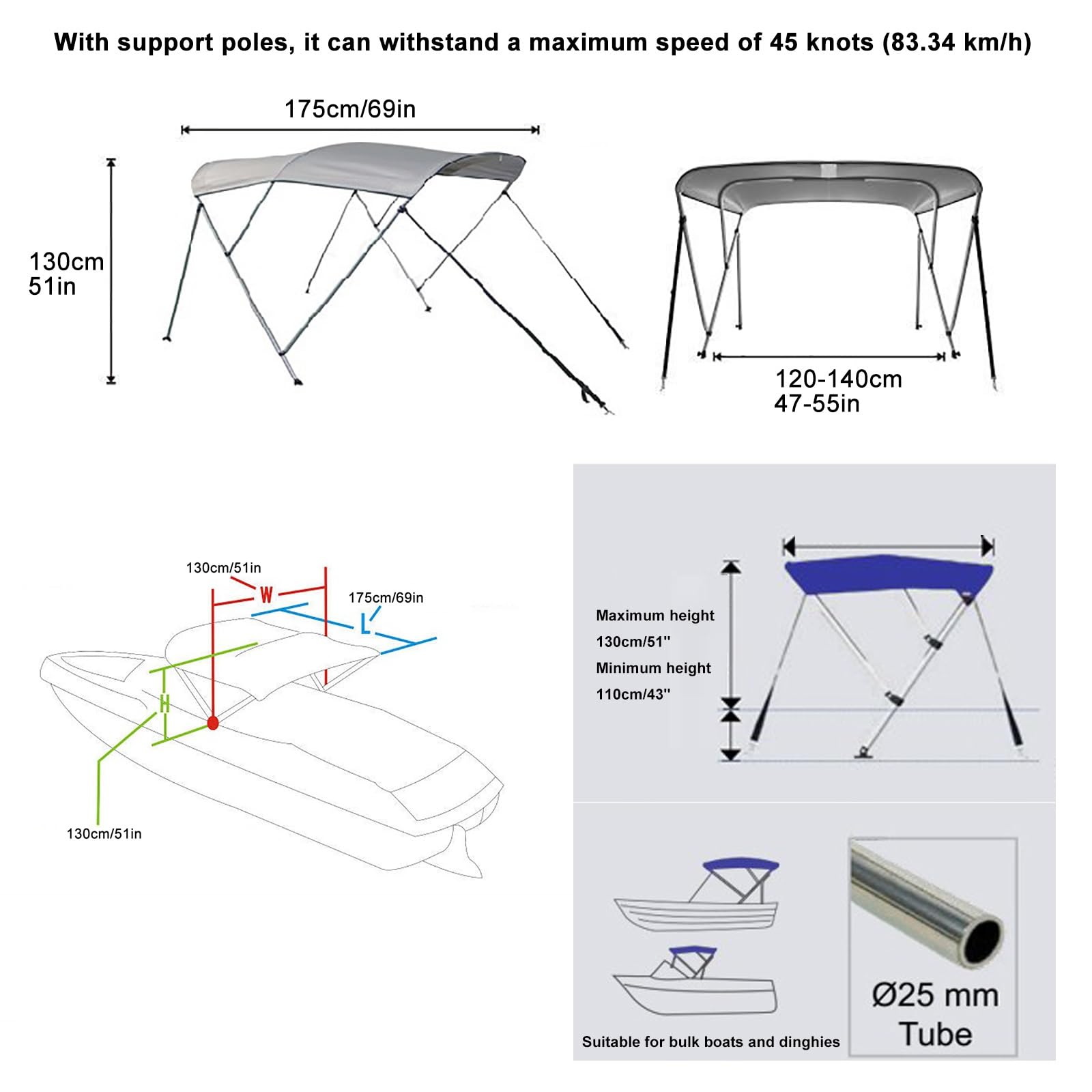 3 Bow Bimini Top Boat Cover Boot Pontoon Bimini Top z 1-calową Aluminiową Ramą Zawiera 900D Barwiony w Roztworze Poliester 4 Paski Osprzęt Montażowy(175cm/69inch)