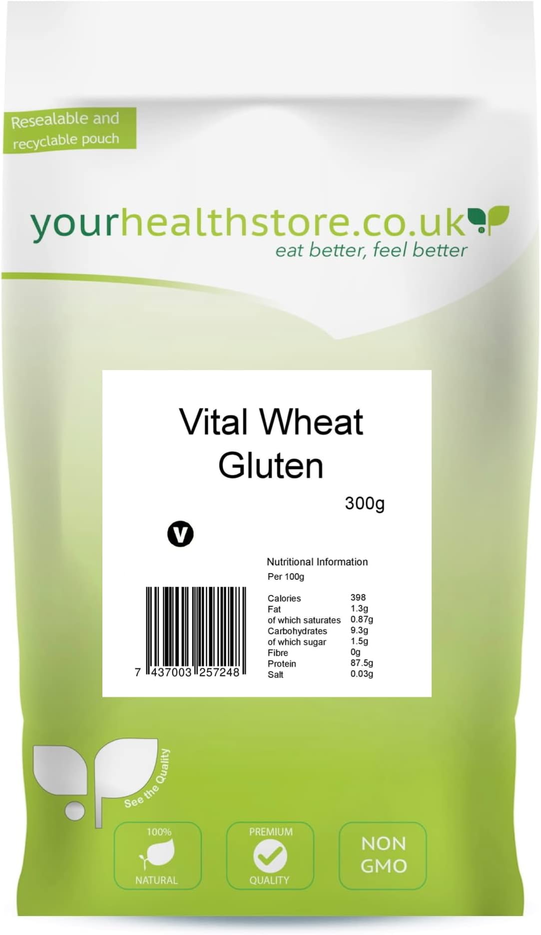 yourhealthstore® Premium Vital Wheat Gluten Flour 300g, 87.5% Protein, Non GMO, Vegan (Recyclable pouch)