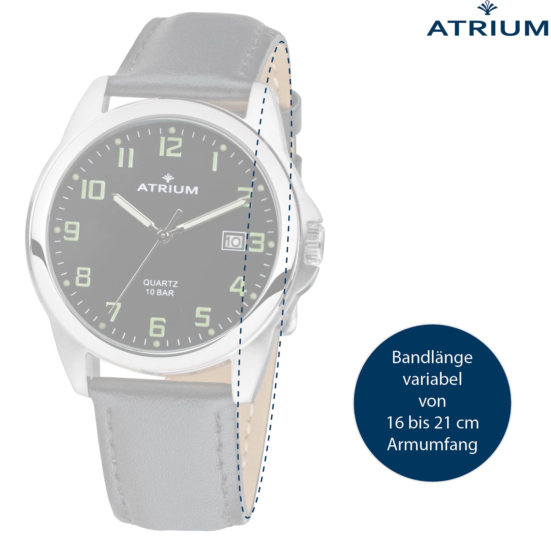 Atrium Herren-Armbanduhr Edelstahl silberfarben Analog Quarz 10 bar mit Datum, Leuchtzeiger, Leuchtziffern, sehr deutliches Zifferblatt Schwarz und Lederband schwarz A16-11