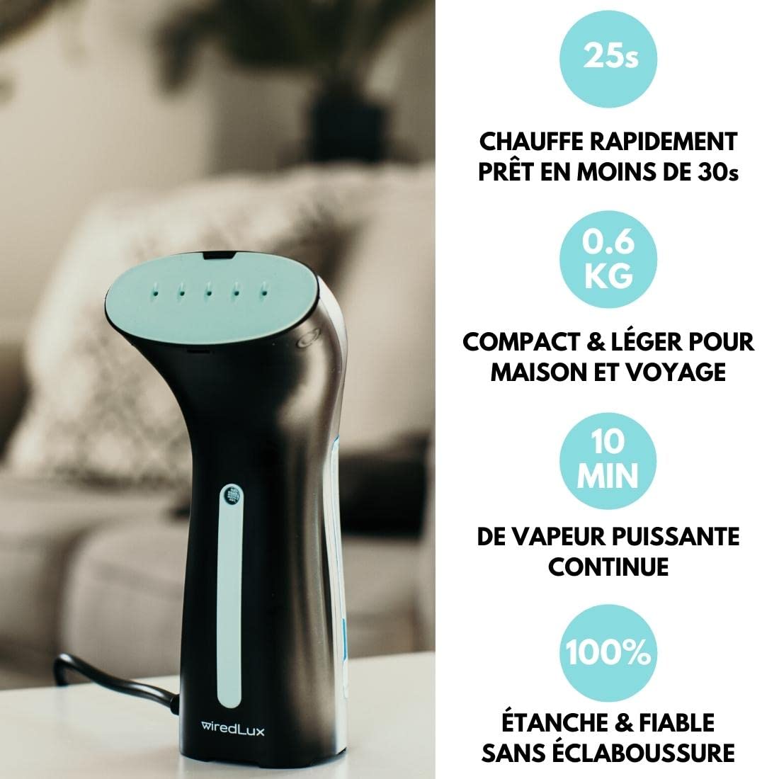 Defroisseur Vapeur, Défroisseur Vapeur Vetement pour Vacances et Maison, Steamer Portable et Léger Prêt en 25 Sec et 100% Étanche, Defroisseur Vapeur Vertical, Accessoires de Voyage Inclus