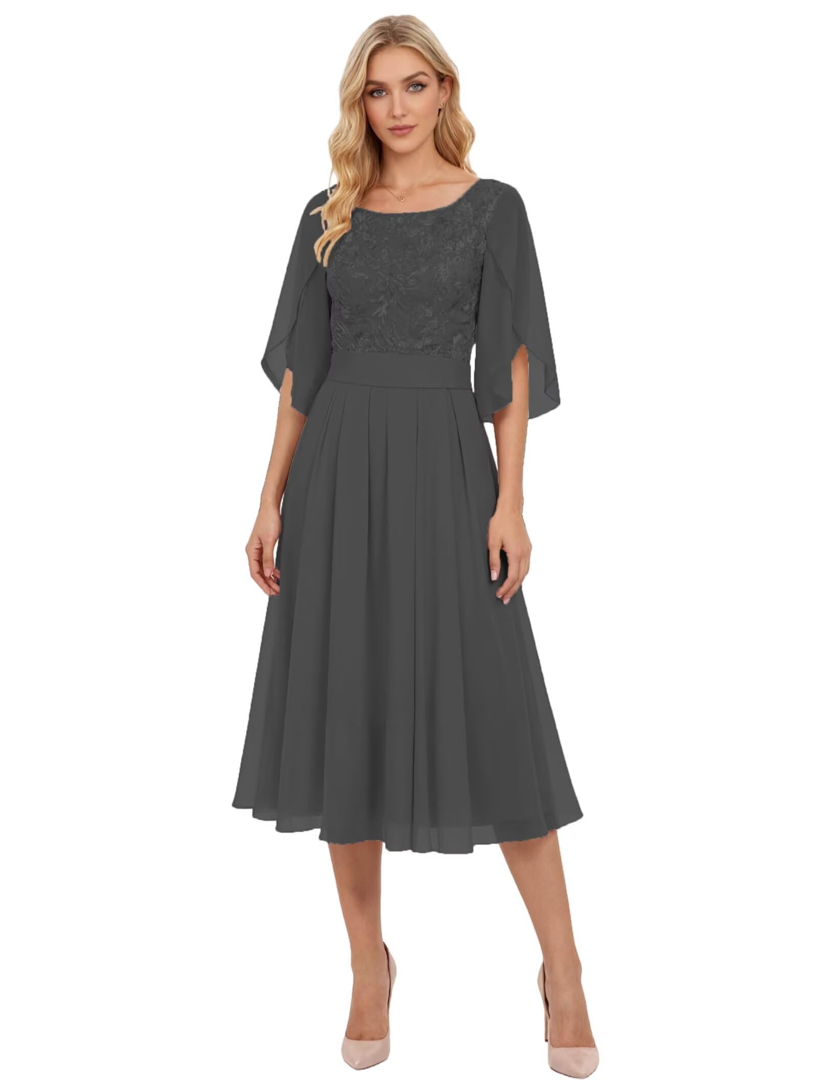 Tea Length Mother of The Bride Dresses with Sleeves Lace Applique Formal Dresses Midi Chiffon Pleated Wedding Guest Dress