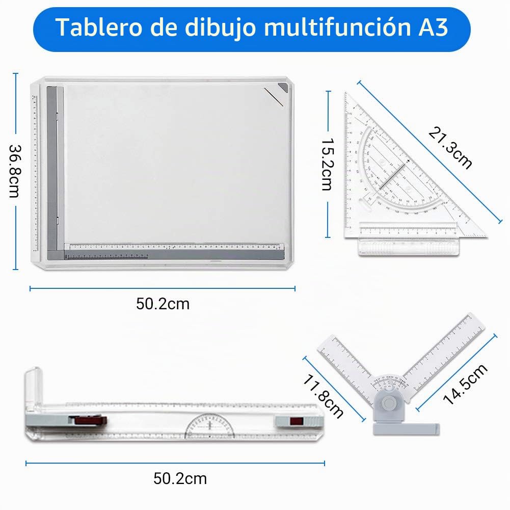 Mesa de Dibujo A3 Mesa de Dibujo Mesa de dibu jo Profesional de precisión con 2 Reglas paralelas y 2 Clips de Esquina, Tablero de Dibujo Ajustable ergonómico Multifuncional