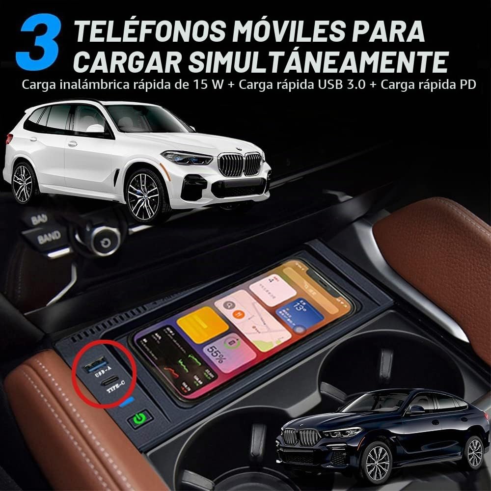 Cargador Inalámbrico Coche para BMW X5/X6 2014-2018 Consola Central Accesorio, 15W Carga Rápida Auto Teléfono Cargador para BMW X5 F15 X6 F16 2014-2018, Regalo para BMW Propietarios