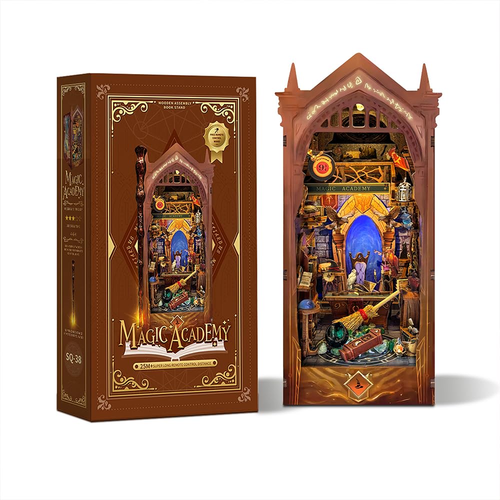Magiczny zestaw zakątek książki z różdżką, drewniane puzzle 3D, domek dla lalek, kreatywny zestaw regałów na książki, dekoracja dla dorosłych, nastolatków, Magic Academy (SQ-38)
