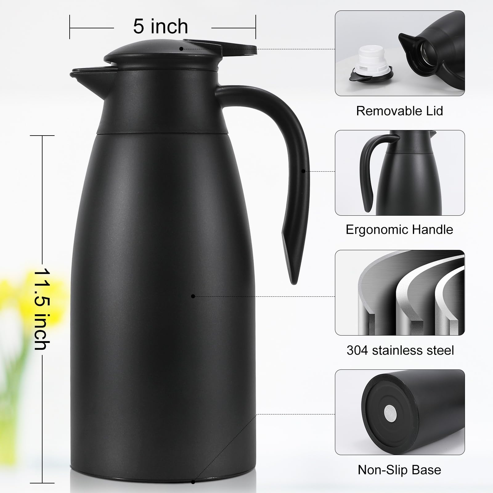 2 jarras térmicas de café de 68 onzas para mantener el calor, jarra para líquido caliente, termo de acero inoxidable, dispensador de bebidas al vacío para café, agua caliente, mantiene el calor 12