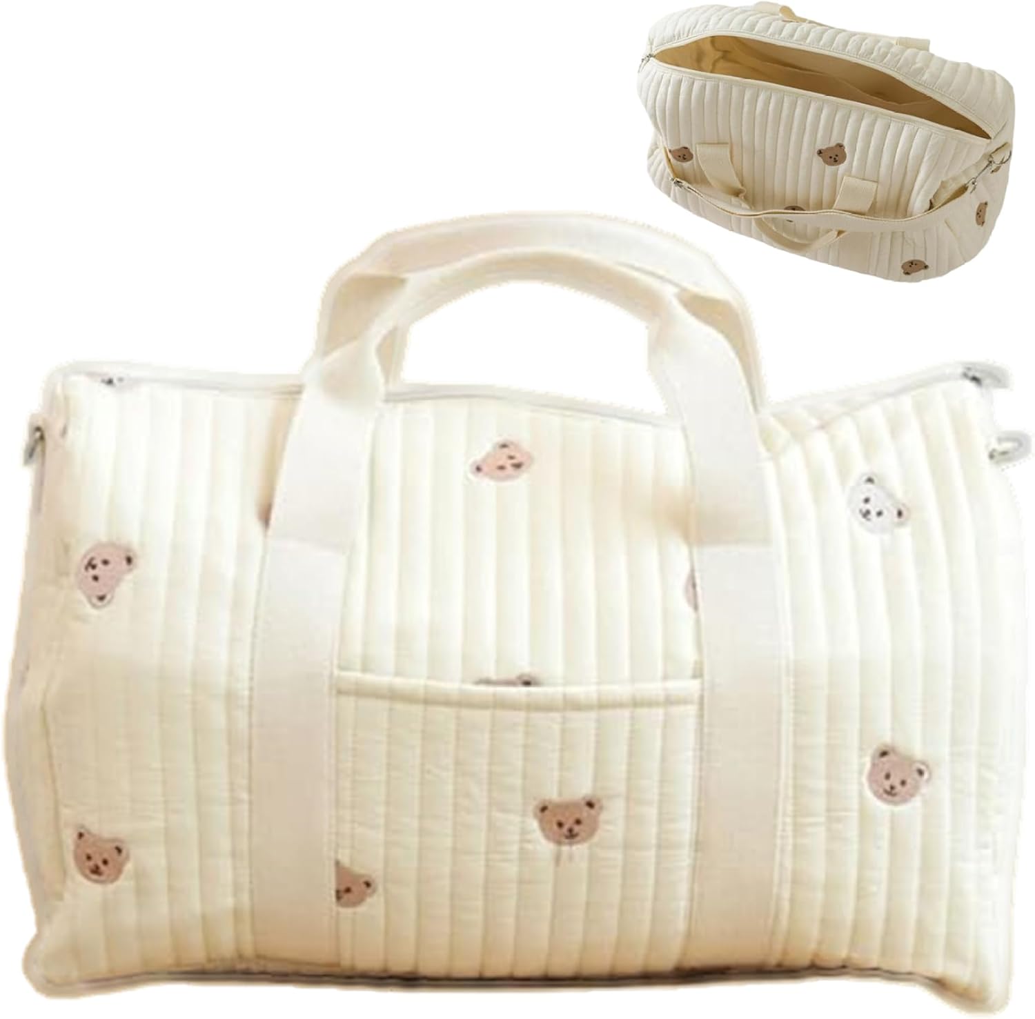 Quilted Duffle Bag, 18.9x9.5x11 Inch Quilted Weekender Bag with Handle and Strap, Bear Pattern Cute Duffle Tote with Pocket and Zipper for Women Travel Hospital, Diaper, Gym, Baby Hospital