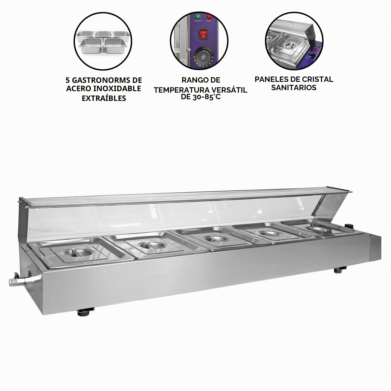 Vitrina Calienta Comida Eléctrica+5 Sártenes con Tapas de Acero Inoxidable (Capacidad 5 x 5.5L) Incluidas Calientaplatos Servidor Buffet Comida Caliente 2 Años Garantía para Cocinas Restaurantes Bares