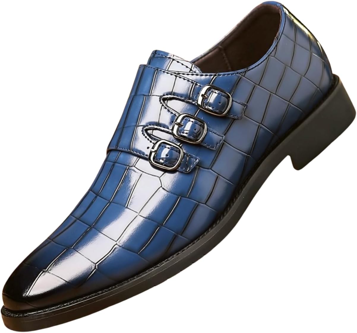Santimon Men's Monk Strap Shoes - Crocodile Pattern Leather