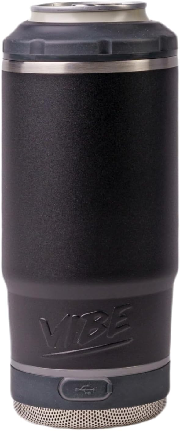 Vibe 4 In 1 Bluetooth Speaker Cup, Insulated Can and Bottle Holder for Hot or Cold Drinks, Double Wall Stainless Steel Drinkware, Fits 12 oz Cans or 14 oz Liquid, Black