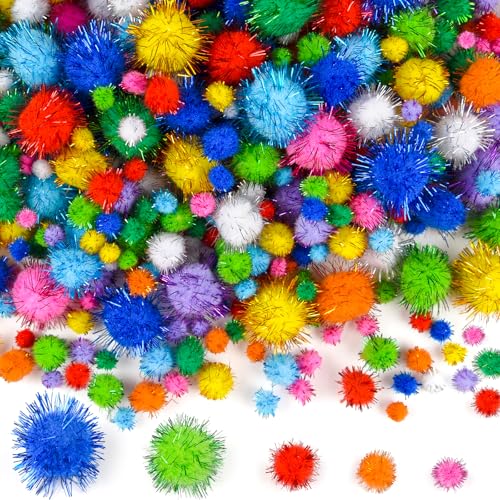 NEBURORA 600 Pcs Multicolors Glitter Pom Poms for Carft 5 Sizes Soft and Fluffy Pom Poms for DIY Carfts Party Home Decoration