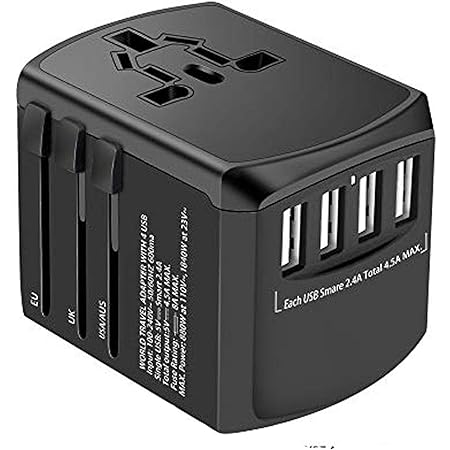 Universal Power Adapter, USB International Travel Adaptor All in One Worldwide Plug Fast Charger Outlet with 4 USB Ports AC Socket for US to AU UK Europe Over 224 Countries