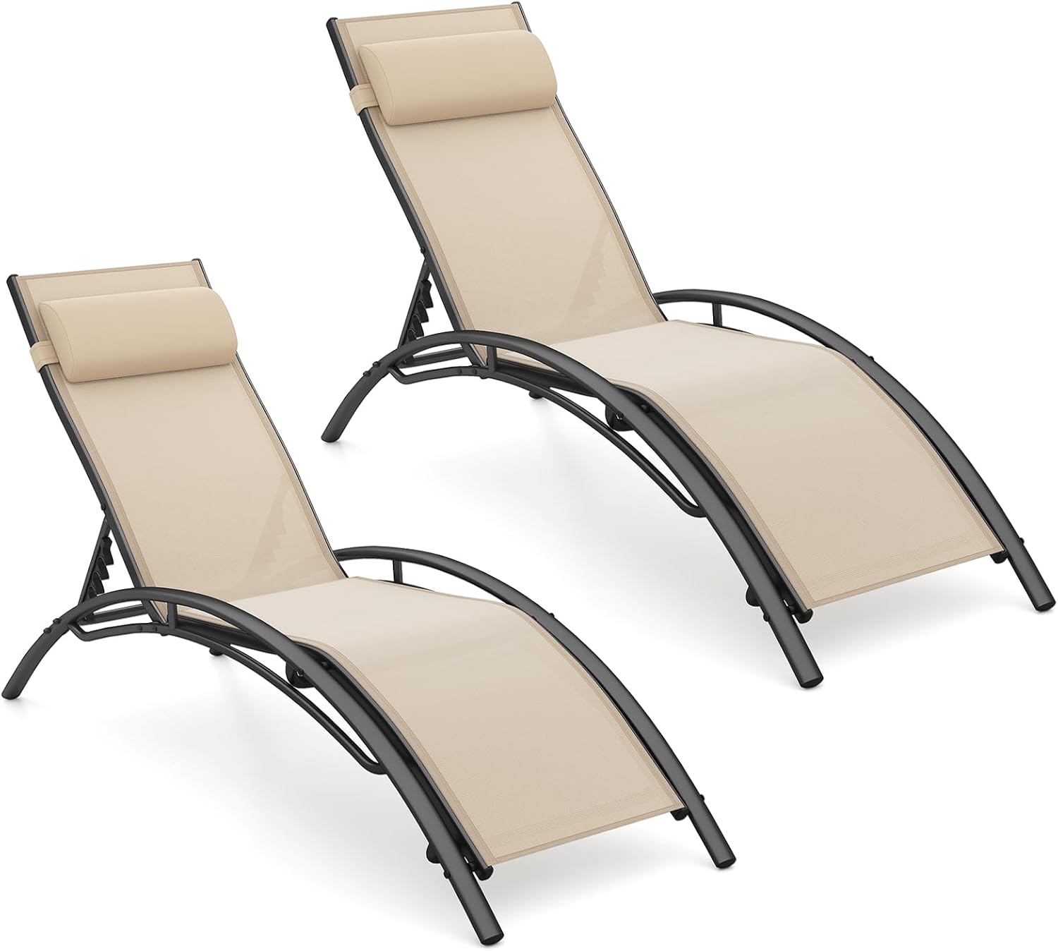 Tangkula Lounge Chairs Outdoor Set of 2, Heavy-Duty Patio Chaise Lounges with 5-Position Backrest & Breathable Seat Fabric, Outside Beach Pool Sunbathing Recliner for Backyard, Poolside (Beige)