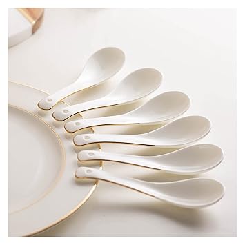 Tablespoons Soup Spoon Dinner Spoon Set 6 Sticks of Phnom Penh Bone China Small Soup Spoon High-end Palace Style Household Soup Small Spoon Ceramic Spoon Eating Spoon Dessert Spoons (Color : B)