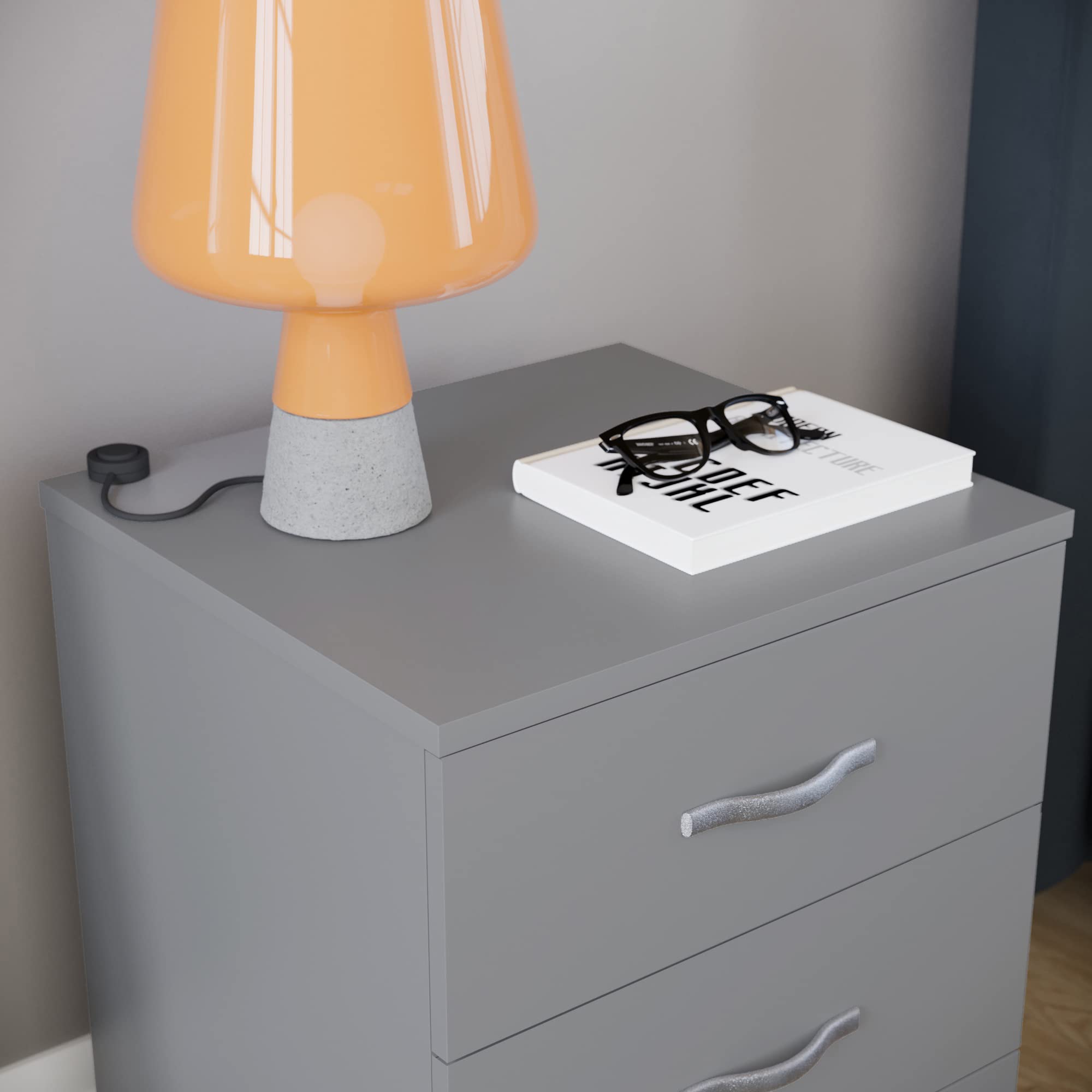 Vida Designs Duża szara komoda nocna, 3 szuflady z metalowymi uchwytami i prowadnicami, unikalne podparcie szuflady, meble do sypialni Riano
