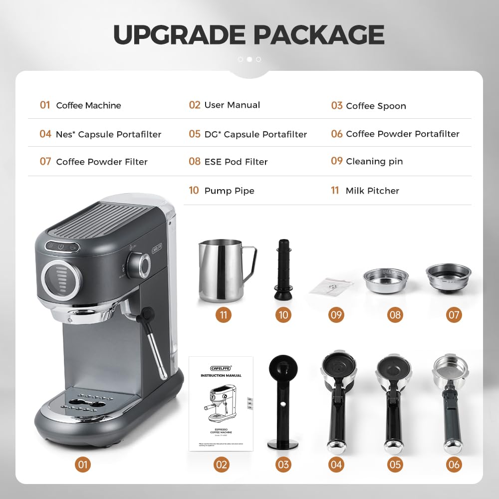 Máquina de café espresso 4 en 1 con espumador de leche, máquina de café de 19 bares con volumen de café visual de 7 niveles ajustable para cápsulas y polvo Nes* y DG*, 1450 W, gris