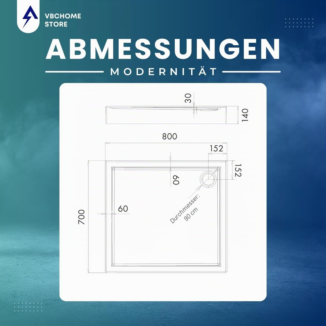 VBChome Acryl-Duschwanne 70x80x14 cm Duschtasse Competia rechteckig für Duschkabine Styroporträger extra flach Sanitär-Acryl Duschbecken stabil weiß+ Tempoplex